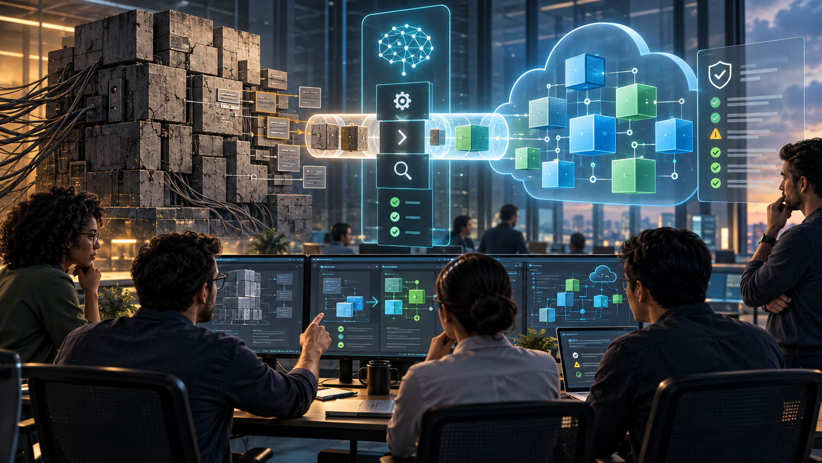 Equipo técnico revisa la migración de un sistema heredado hacia una arquitectura modular en la nube.