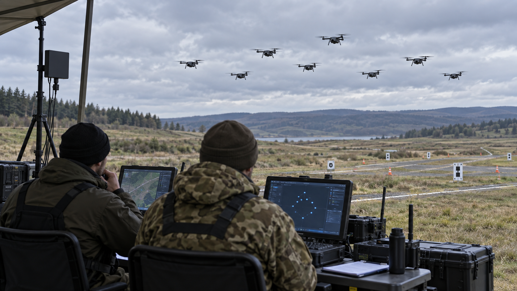 Dos operadores supervisan ocho drones pequeños en formación sobre un campo de pruebas.