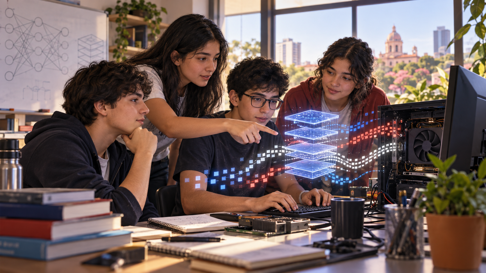 Cuatro jóvenes observan una estación con GPU y capas de datos abstractas en un laboratorio.