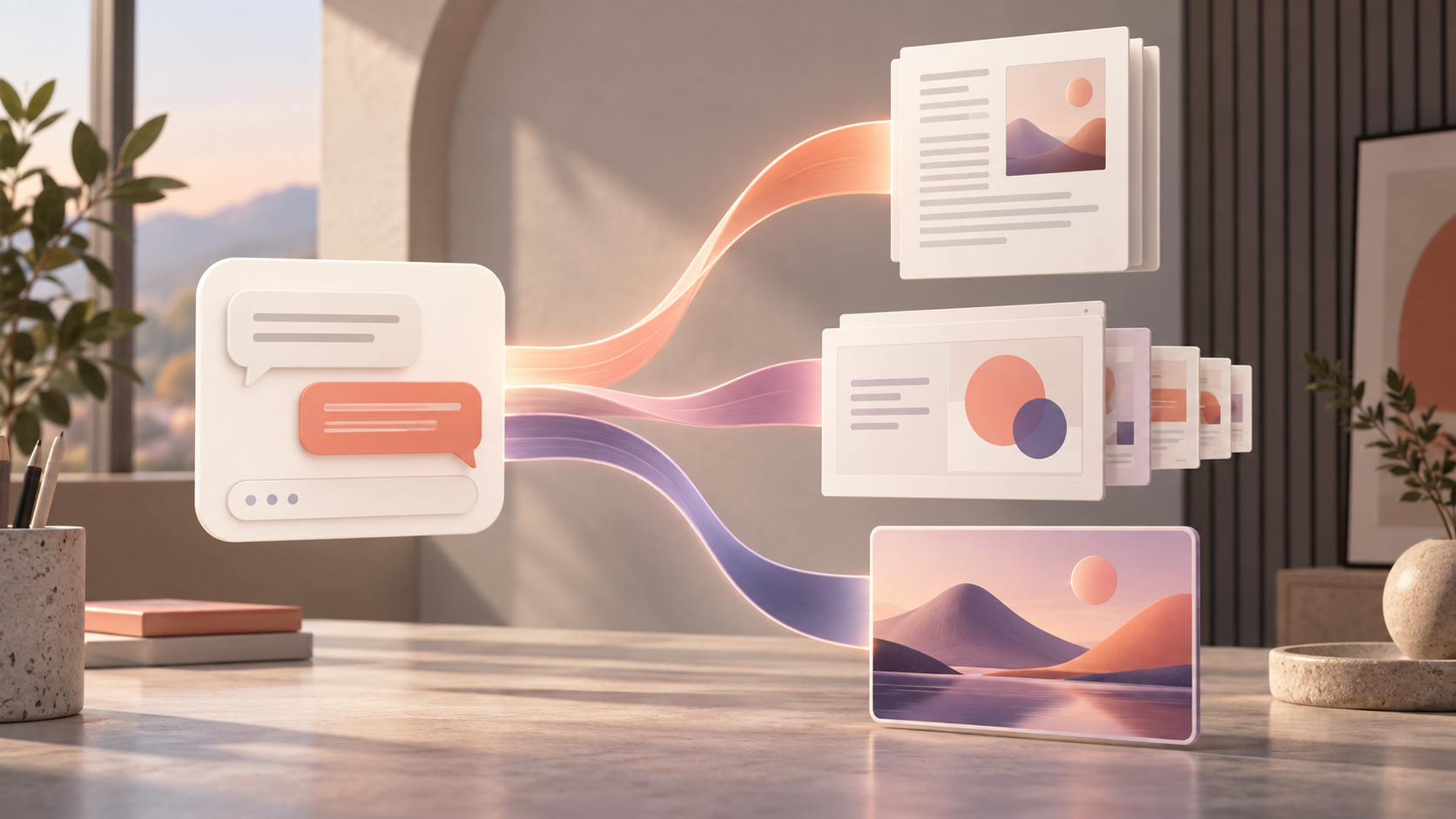 Espacio de trabajo conceptual donde una conversación de IA organiza un documento, una presentación y una pieza visual.