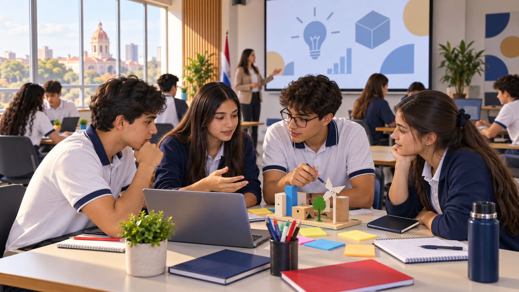 Estudiantes paraguayos trabajan en equipos sobre ideas de negocios digitales durante un taller conceptual de inteligencia artificial.