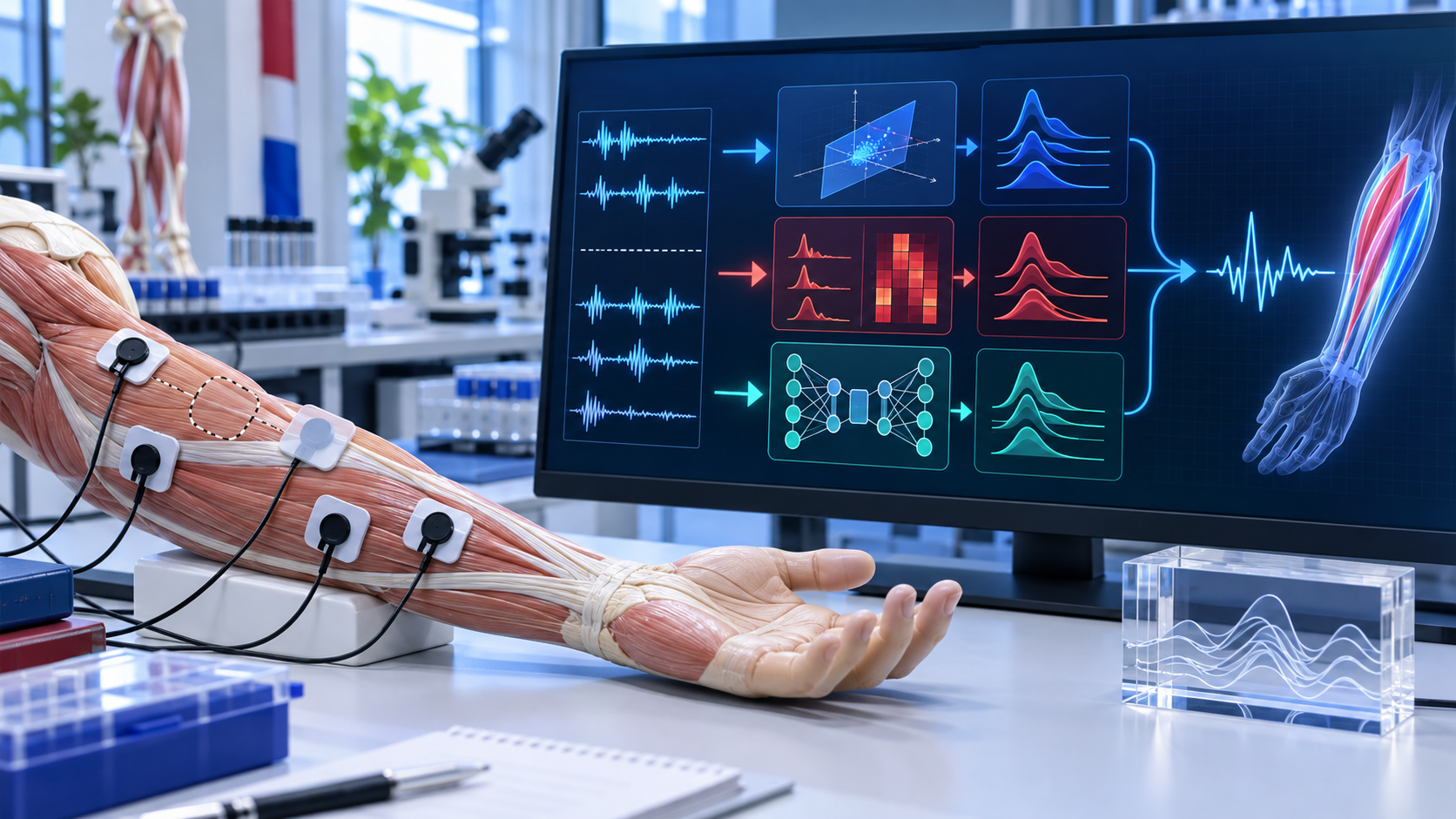Modelo anatómico de un antebrazo con sensores EMG frente a tres rutas computacionales que comparan señales incompletas