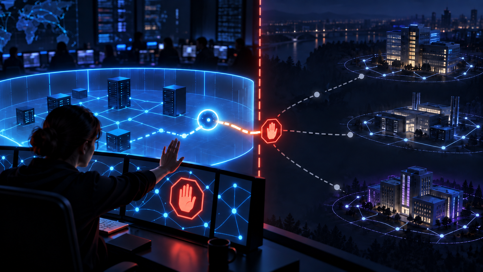 Entorno conceptual de pruebas de ciberseguridad conectado por error con tres sistemas externos