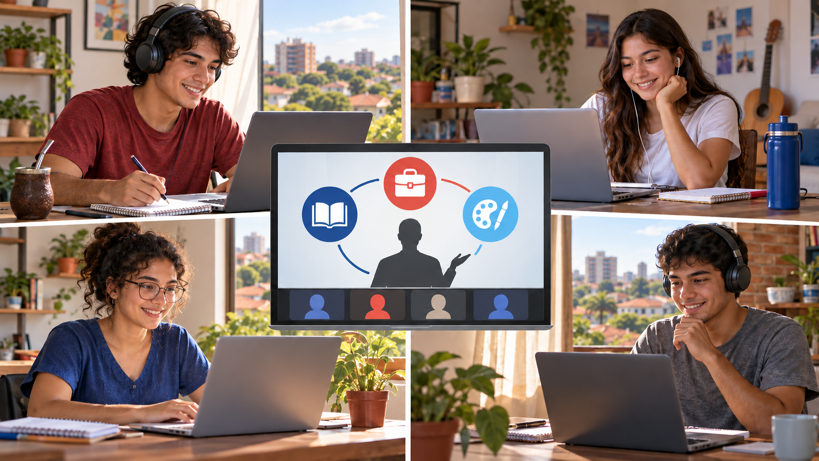 Cuatro jóvenes participan desde sus hogares en una capacitación virtual sobre habilidades de inteligencia artificial