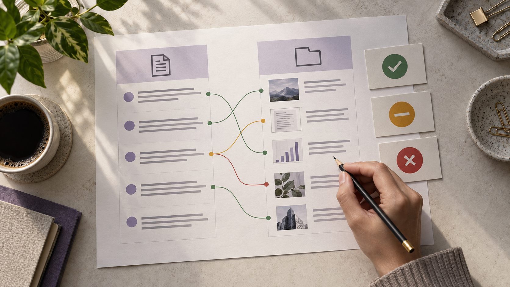 Propuesta impresa conectada con indicadores visuales de requisitos cumplidos, faltantes y pendientes de revisión