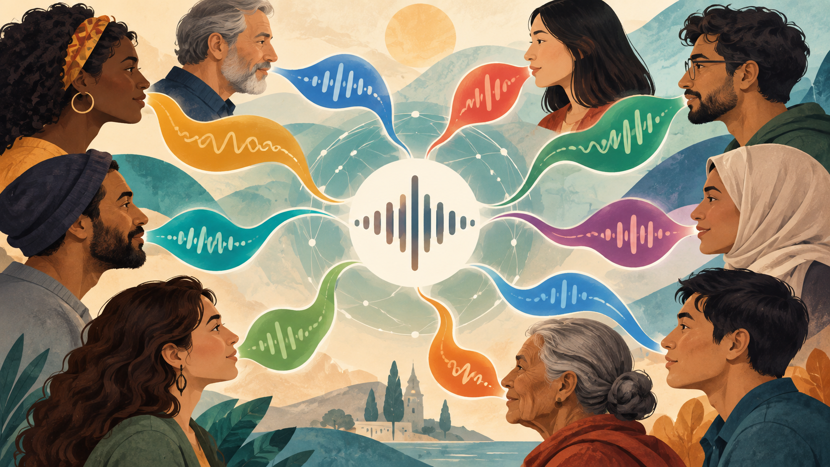 Ilustración de personas diversas conectadas por ondas de voz de distintos colores