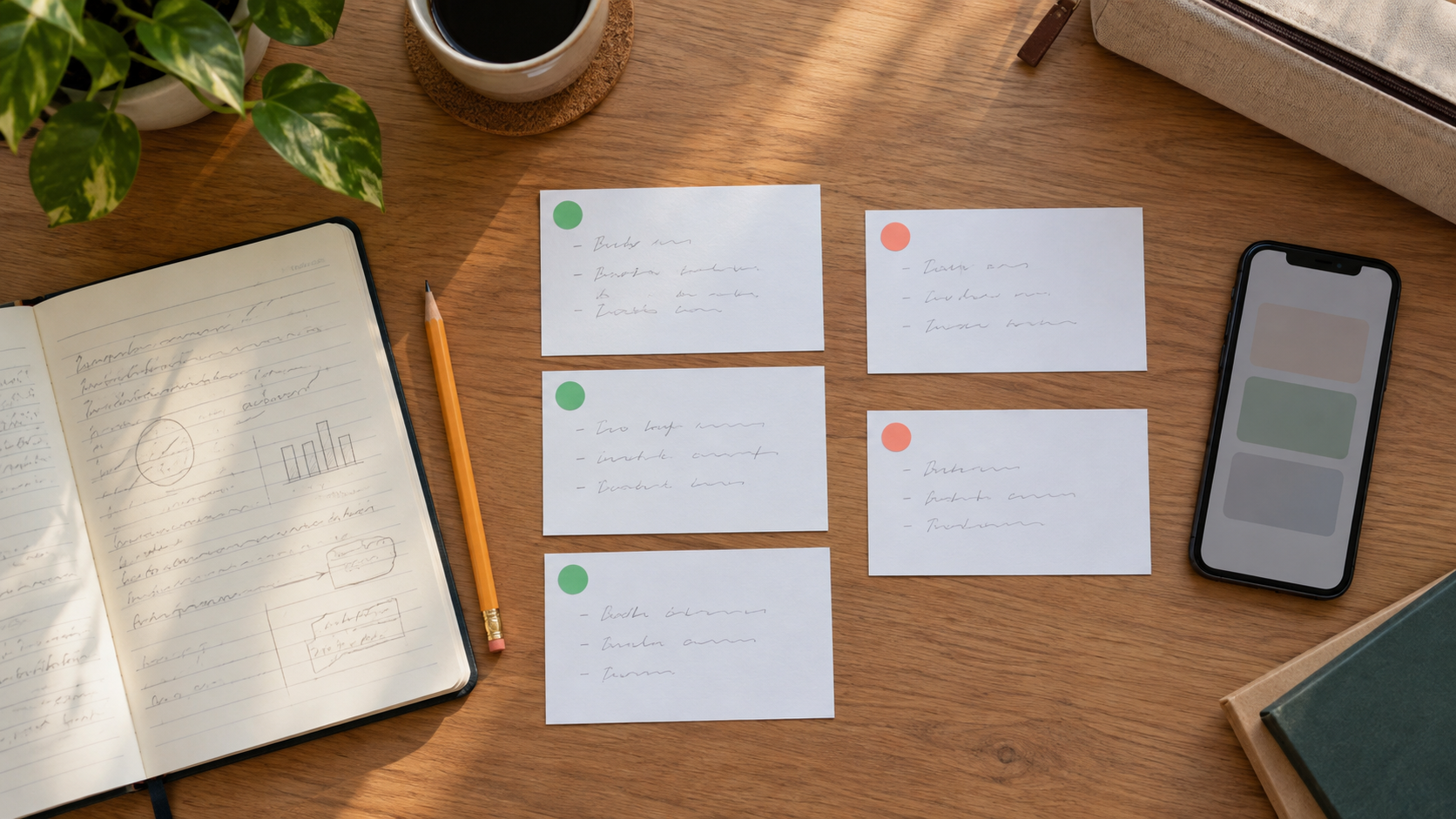 Tarjetas de estudio, apuntes y fichas marcadas como correctas o pendientes sobre un escritorio