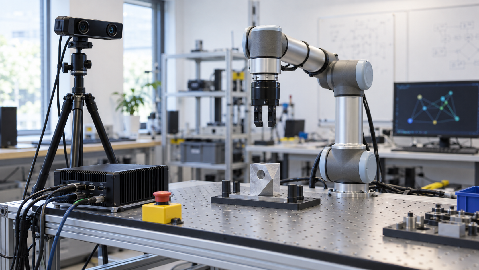 Brazo robótico, cámara estéreo y computadora embebida en un banco de pruebas de laboratorio