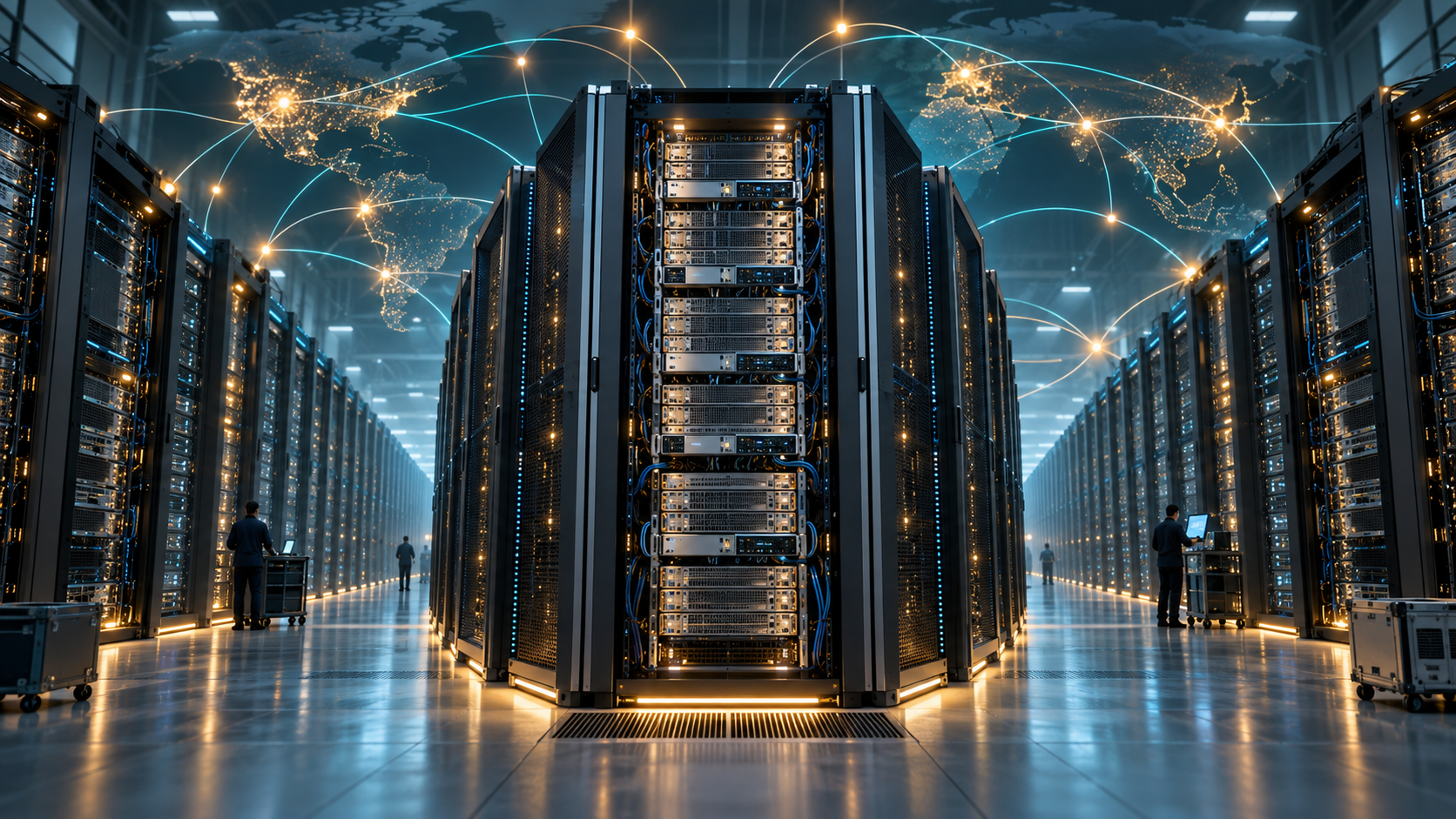 Ilustración editorial de servidores de CPU conectados a una red de centros de datos distribuida