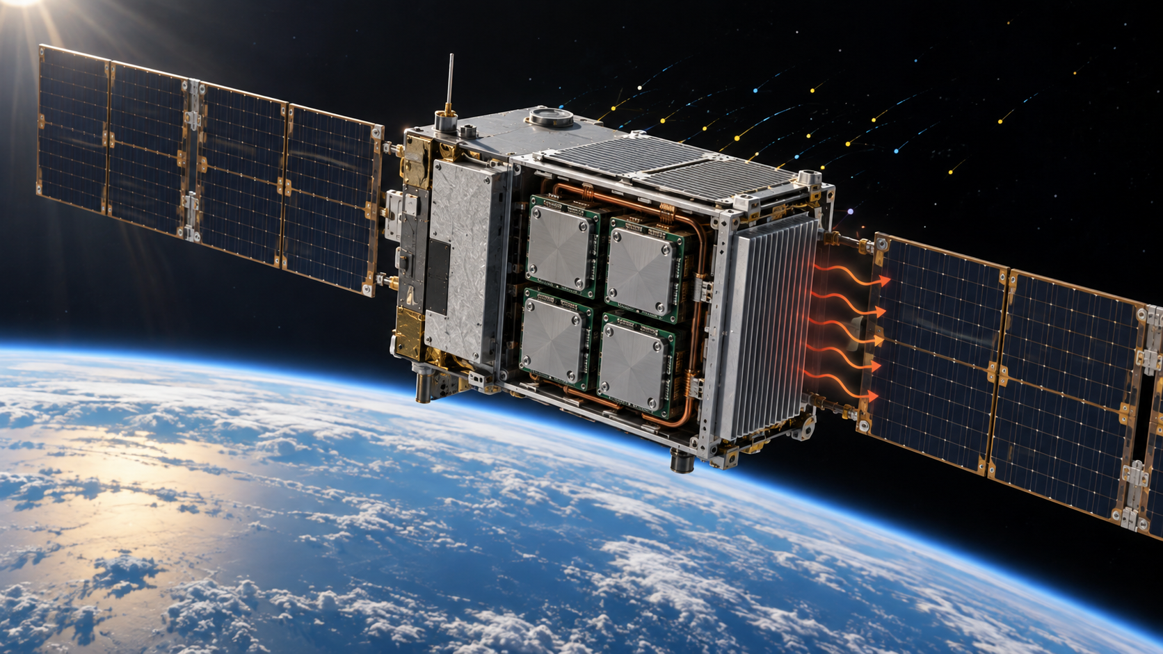 Pequeño satélite experimental en órbita con cuatro módulos de cómputo y radiadores desplegados sobre la Tierra.