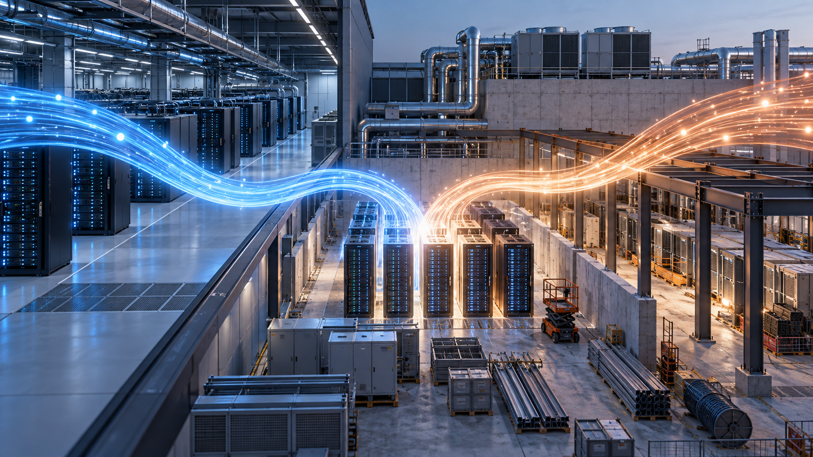 Dos corrientes de luz convergen sobre nuevos servidores entre un centro de datos operativo y otro en construcción