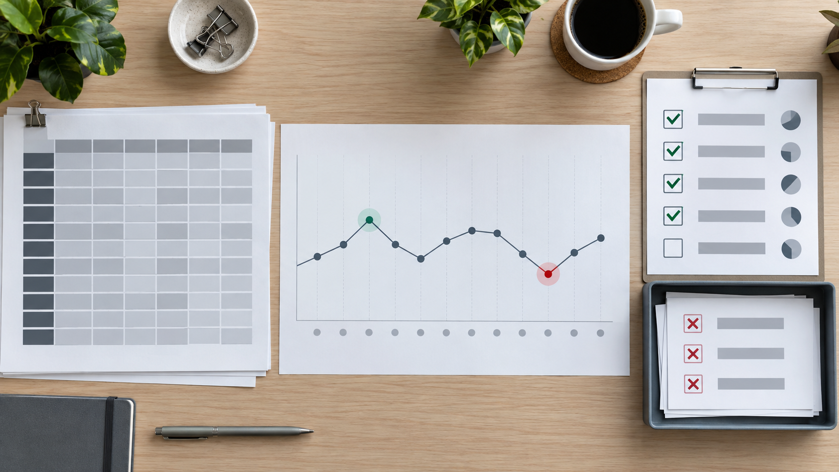 Tabla mensual, gráfico de línea y hoja de control con filas excluidas para auditar el cálculo