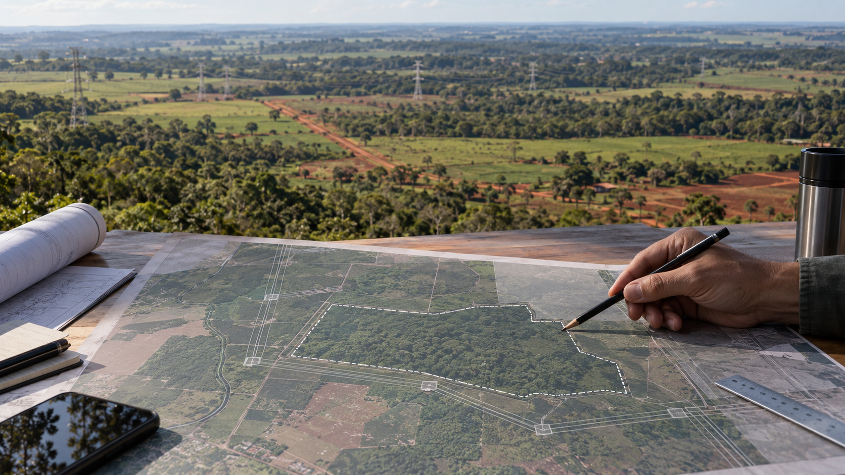 Paisaje rural de Yguazú con un plano técnico semitransparente sobre el terreno