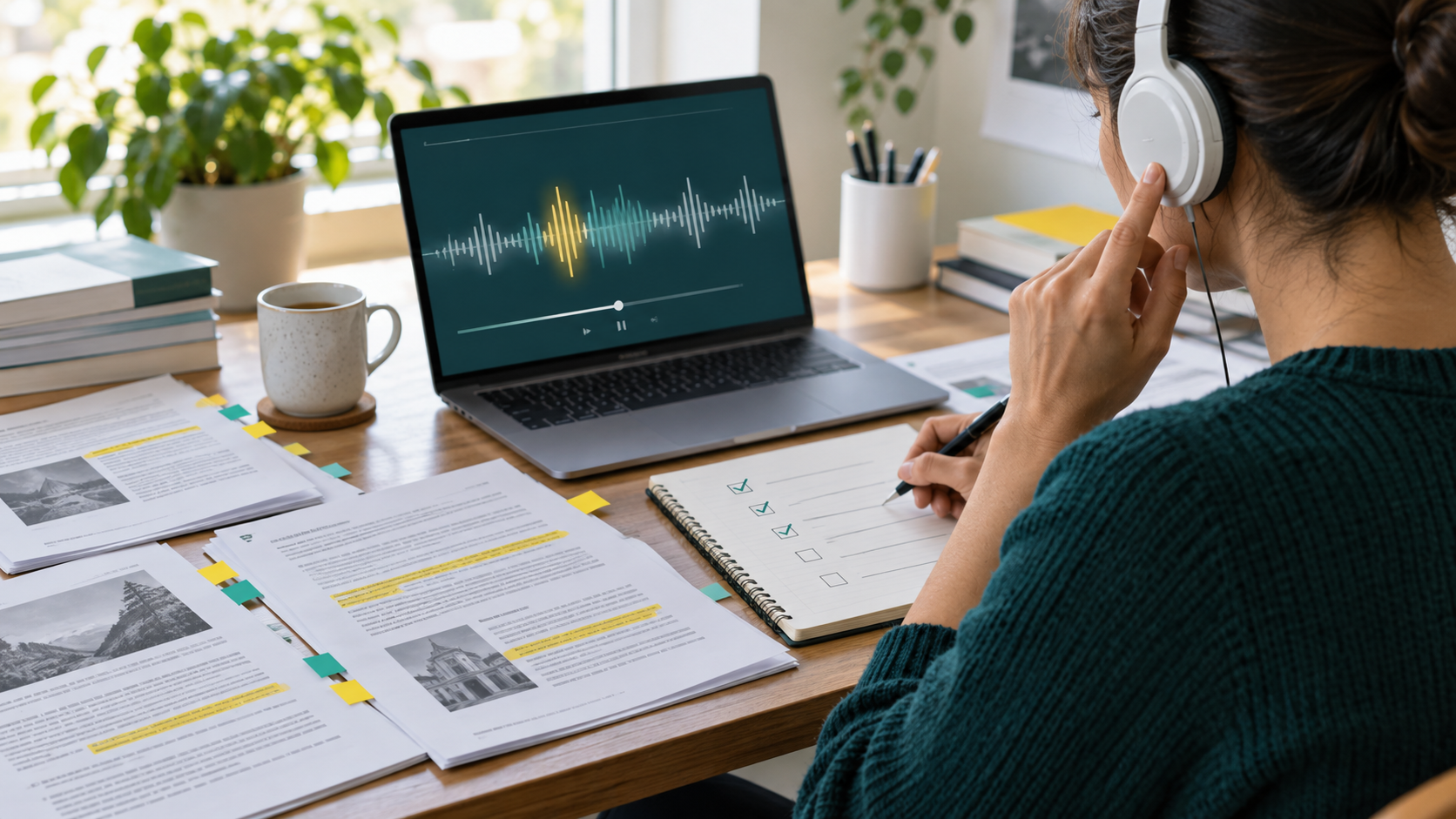 Profesional escucha un resumen mientras contrasta afirmaciones con documentos impresos y una matriz de verificación