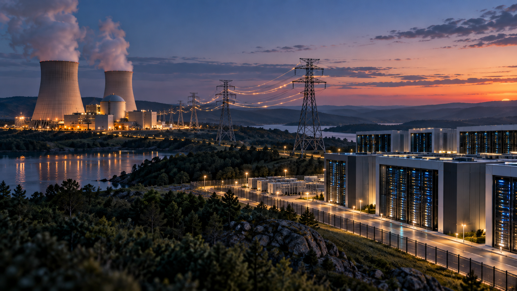 Ilustración de una central nuclear existente conectada por líneas eléctricas a un campus de centros de datos