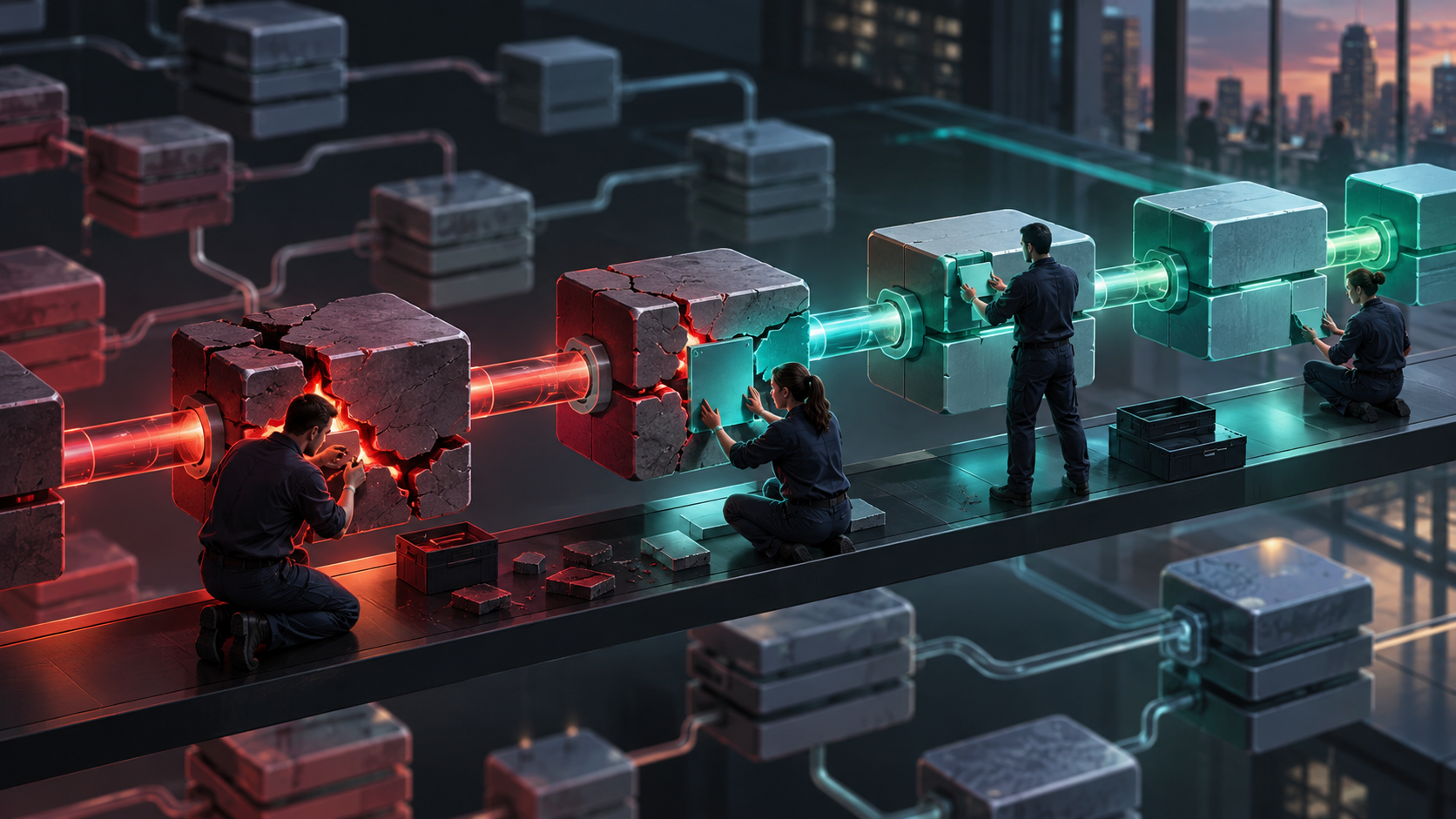 Ilustración de técnicos reparando bloques dañados dentro de una cadena de software empresarial
