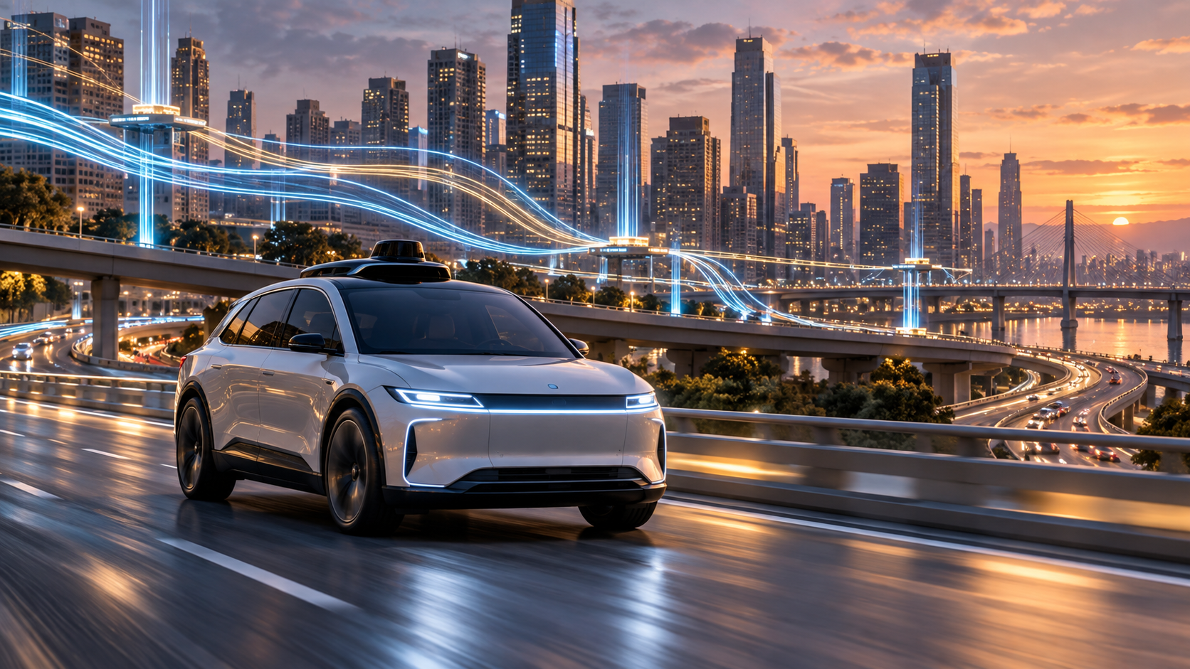 Robotaxi autónomo circulando por una ciudad conectada al atardecer