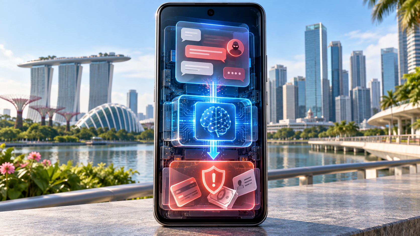 Ilustración conceptual de un teléfono que analiza mensajes sospechosos de estafa frente al perfil urbano de Singapur.