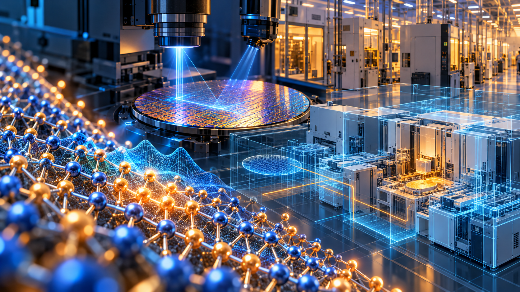 Ilustración conceptual de una fábrica de chips asistida por simulaciones aceleradas en GPU.